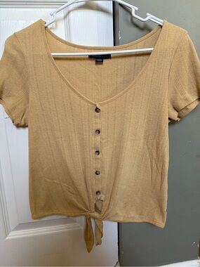 American Eagle Outfitters Mustard Button-Front Tie Crop Top